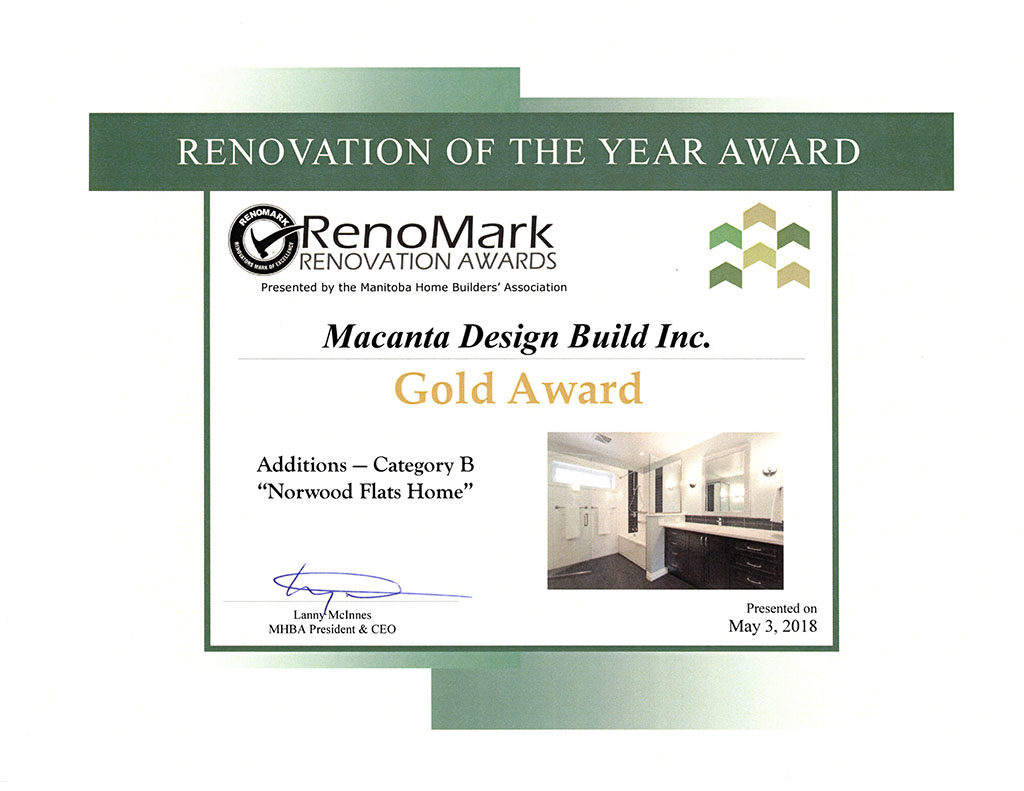 Home Addition Award Gold Norwood Flats Winnipeg